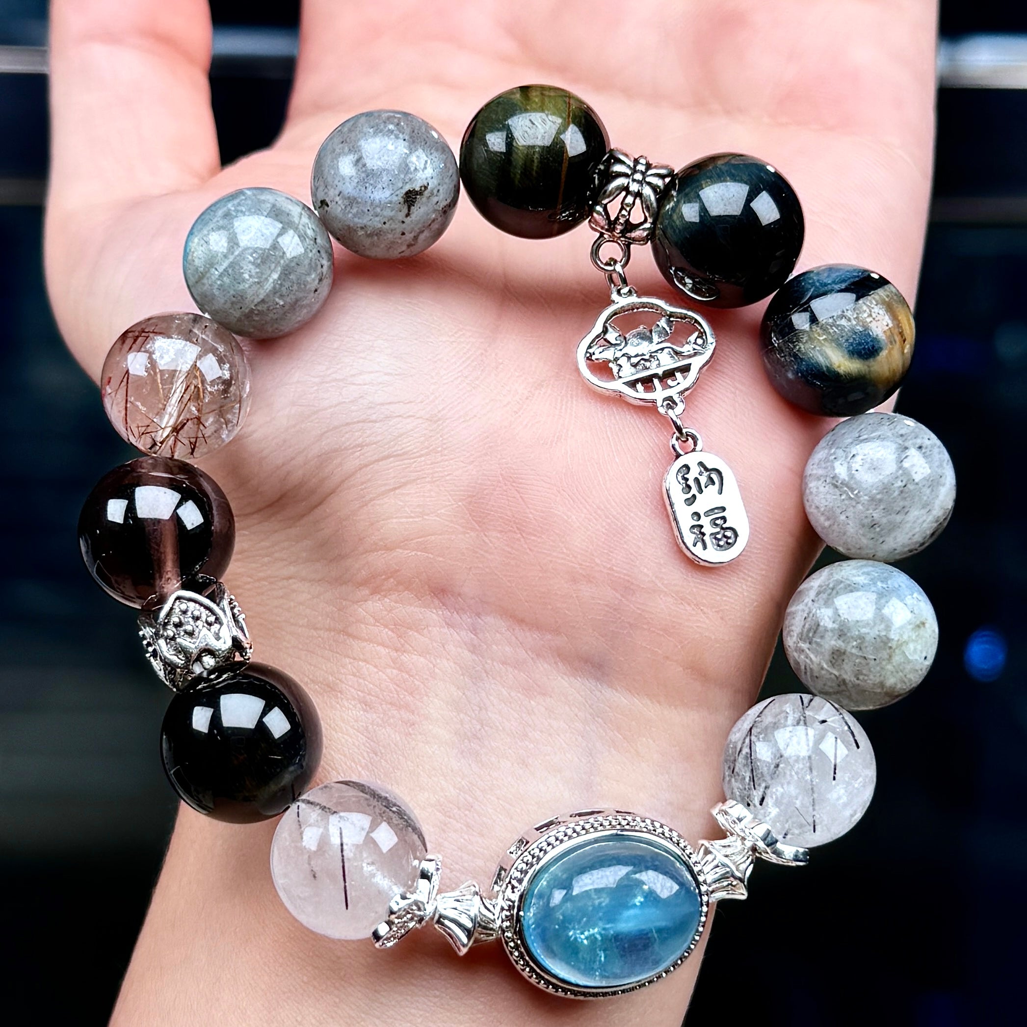 TGS DESIGN MOON STONE+SMOKY QUARTZ+BLUE TIGER EYE