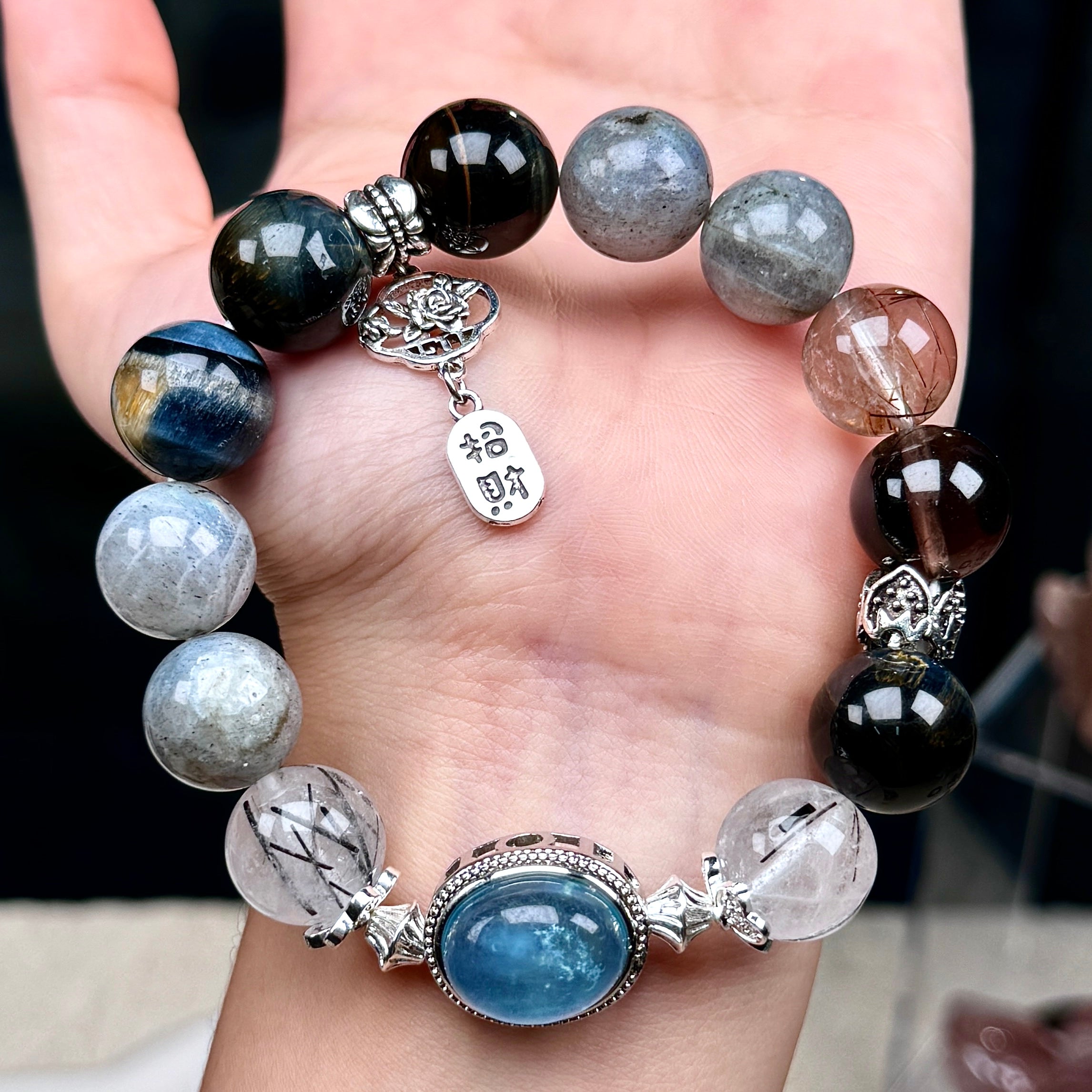 TGS DESIGN MOON STONE+SMOKY QUARTZ+BLUE TIGER EYE