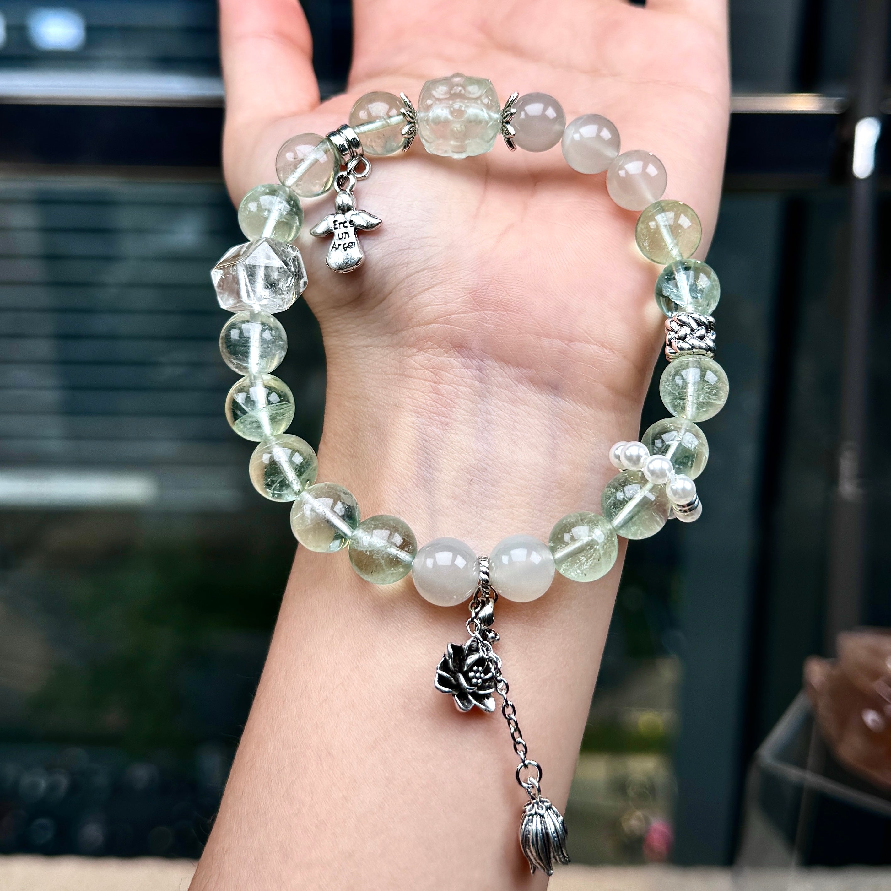 TGS DESIGN GREEN FLUORITE+MOON STONE+CLEAR QUARTZ