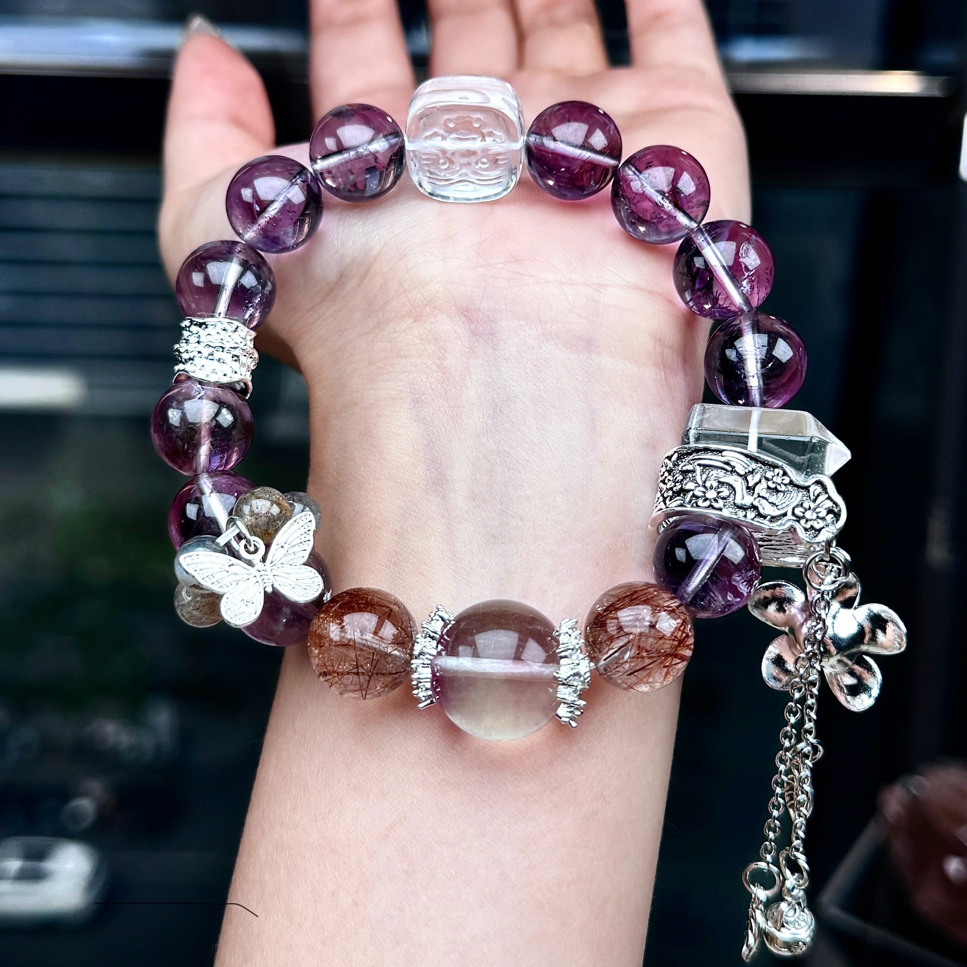 TGS DESIGN FLUORITE+AMETHYST+CLEARBQUARTZ+GOLD RUTILE