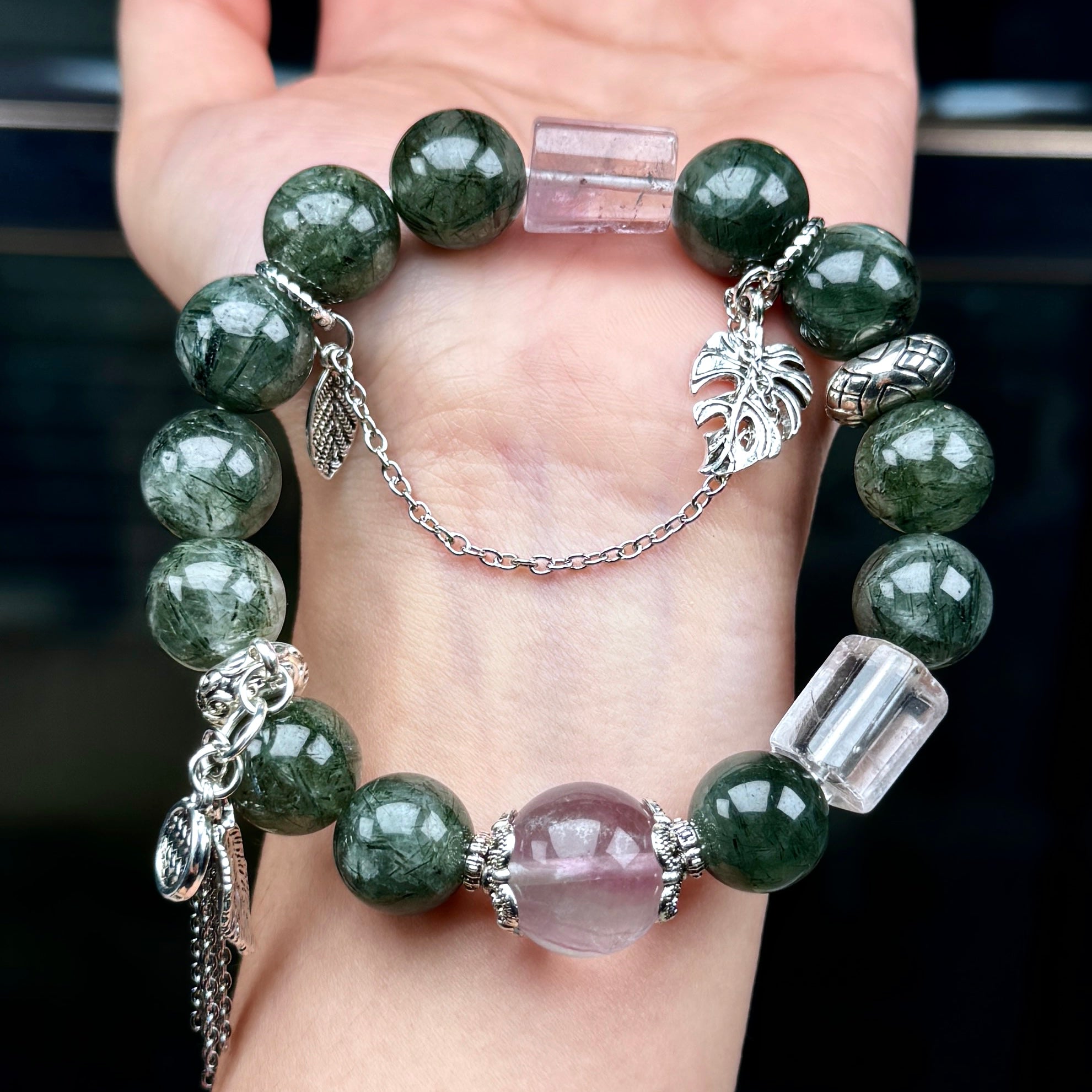 TGS DESIGN GREEN RUTILE+FLUORITE+CLEAR QUARTZ